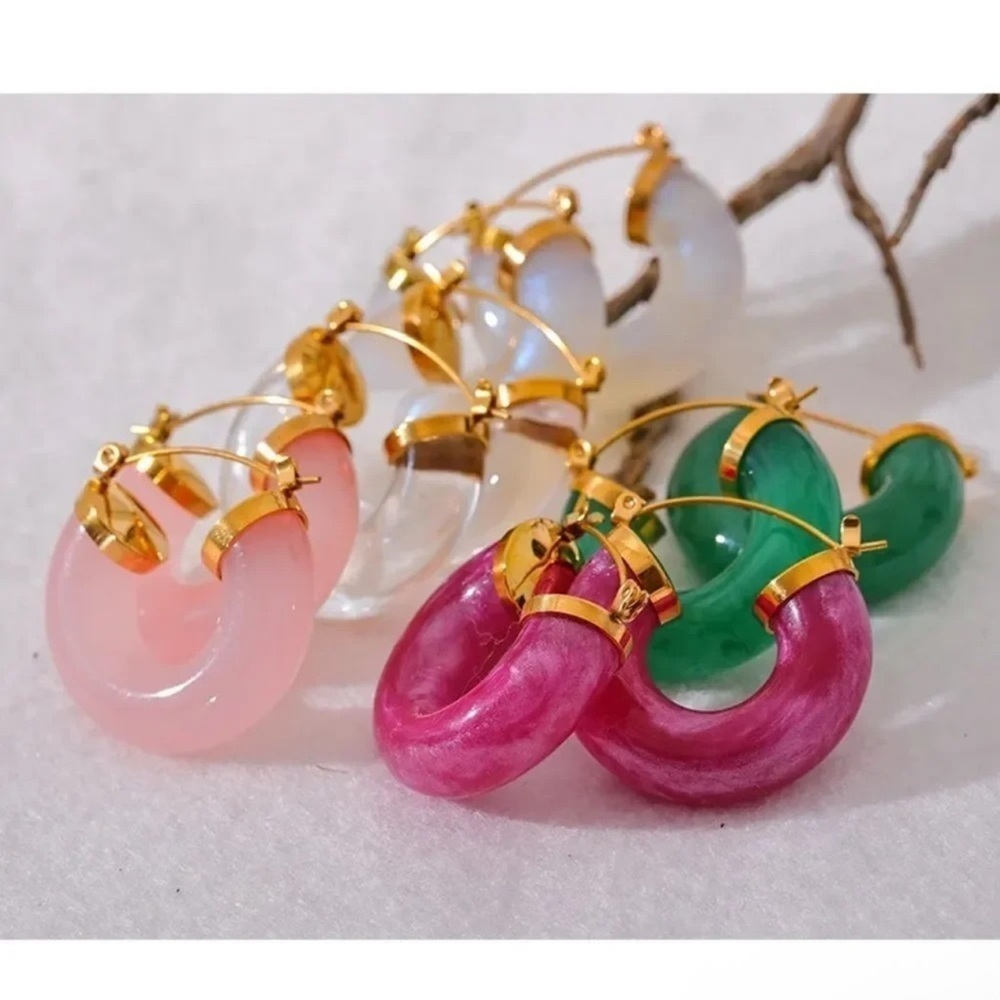 Anthropologie 18K Gold Stainless Steel Pink Hoop Earrings - Picture 7 of 9